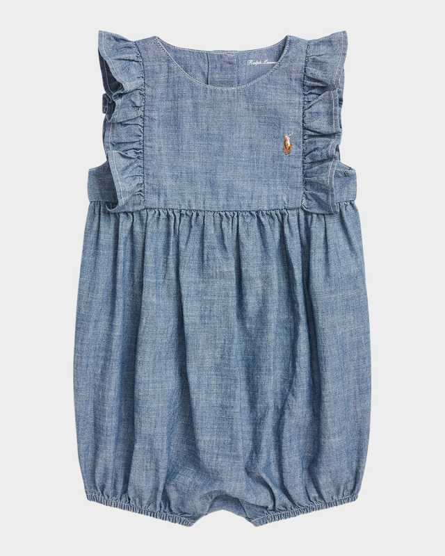 Girl's Chambray Ruffle-Trim Bubble Romper, Size 3M-24